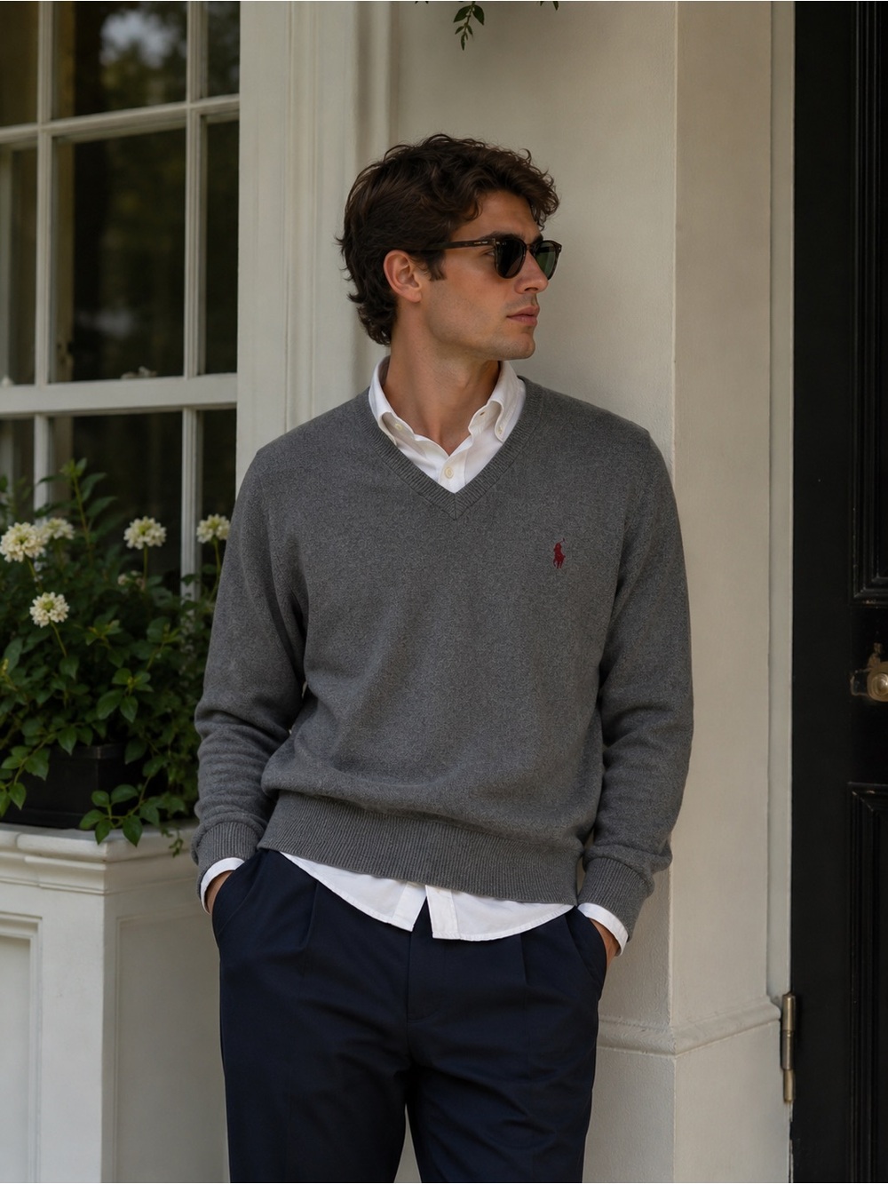 Polo Ralph Lauren Gray V Neck Sweater Cashmere Blend Preppy L Old Money Academia